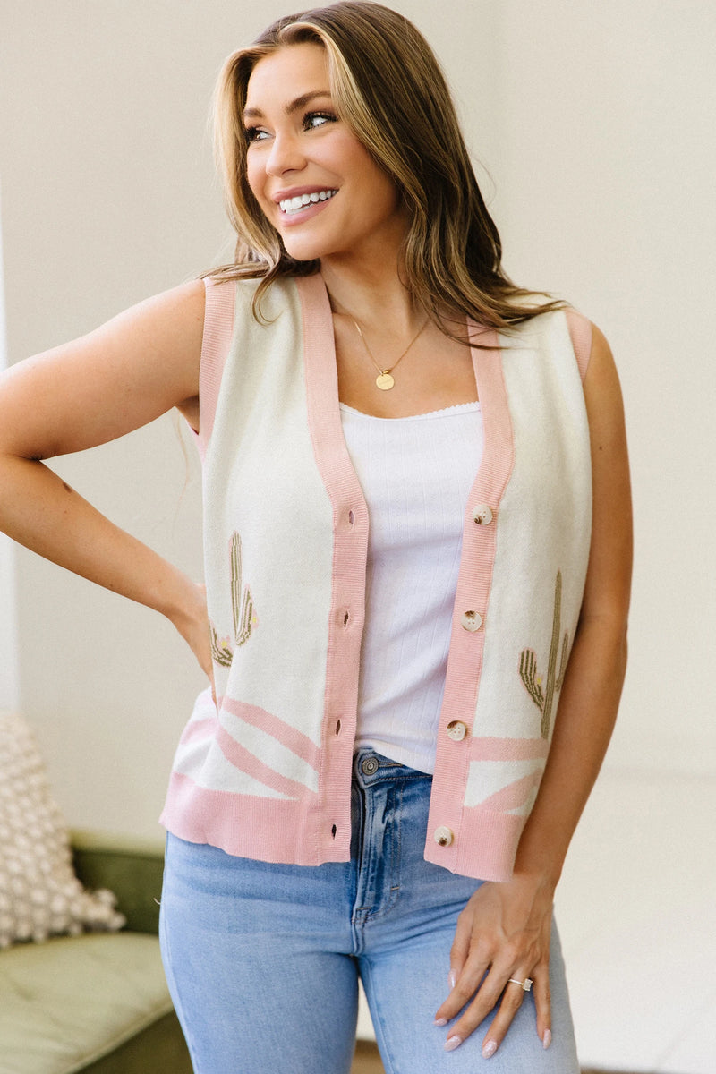 Load image into Gallery viewer, DLLS716 - Ladies Pink Color Block Trim Button Front Cactus Pattern Western Sweater Vest
