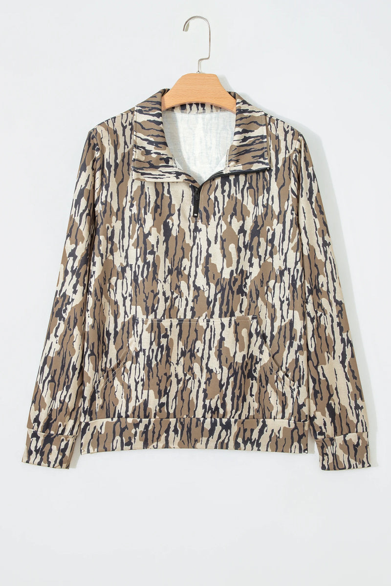 Load image into Gallery viewer, DLLS781 - Ladies Brown Camouflage Zipper Collar Front Pocket Pullover Sweatshirt
