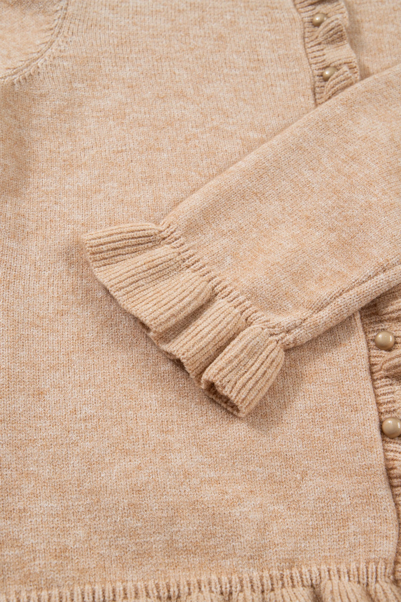 Load image into Gallery viewer, DLLS403 - Ladies Oatmeal Ruffle Trim Gold Button Sweater Cardigan
