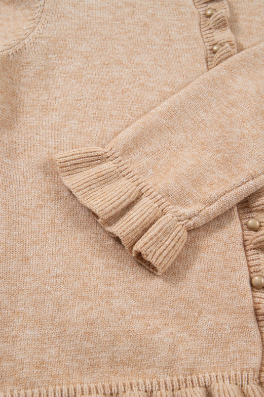 DLLS403 - Ladies Oatmeal Ruffle Trim Gold Button Sweater Cardigan