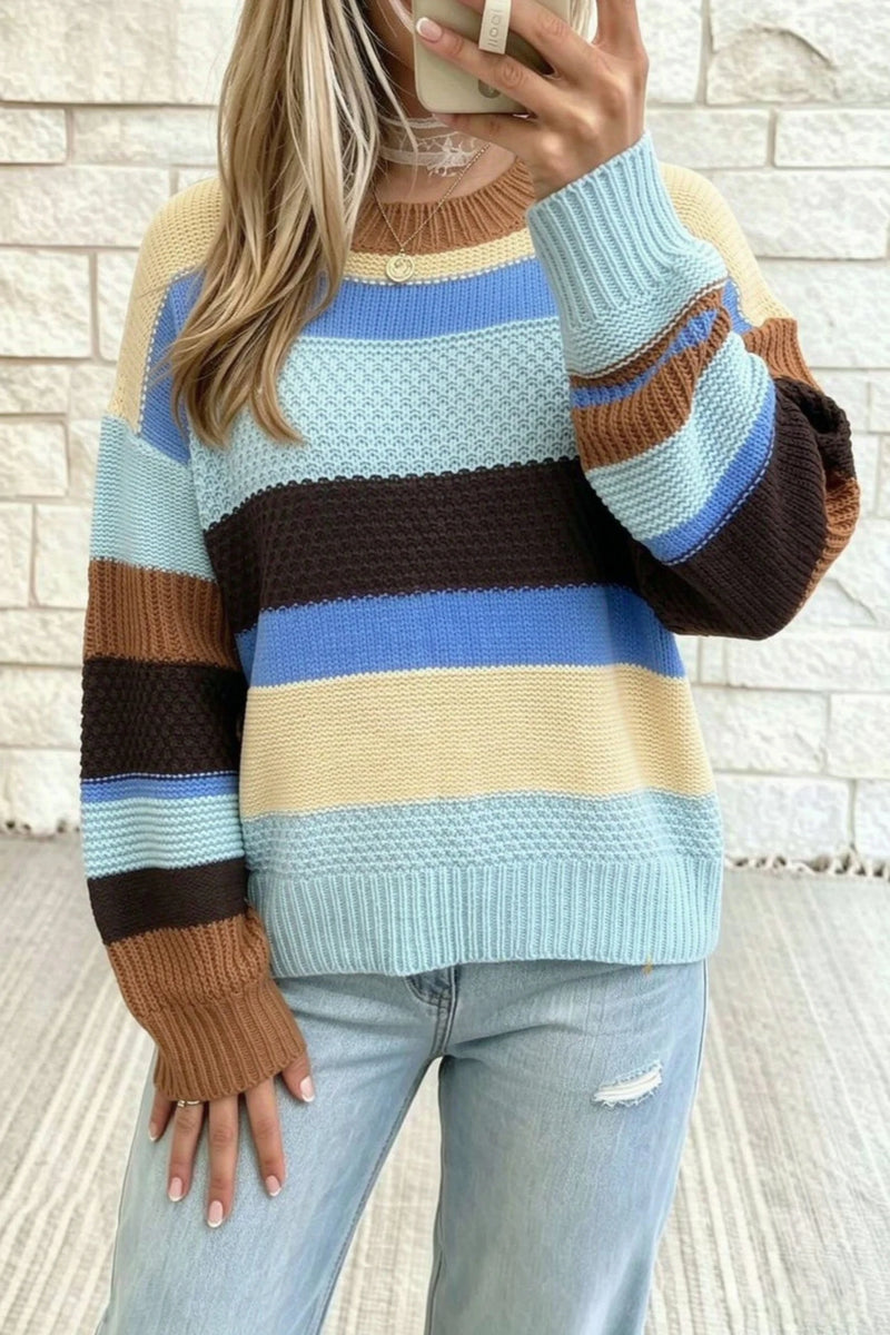 Load image into Gallery viewer, DLLS1097 - Ladies Multicolour Color Block Striped Round Neck Relaxed Sweater
