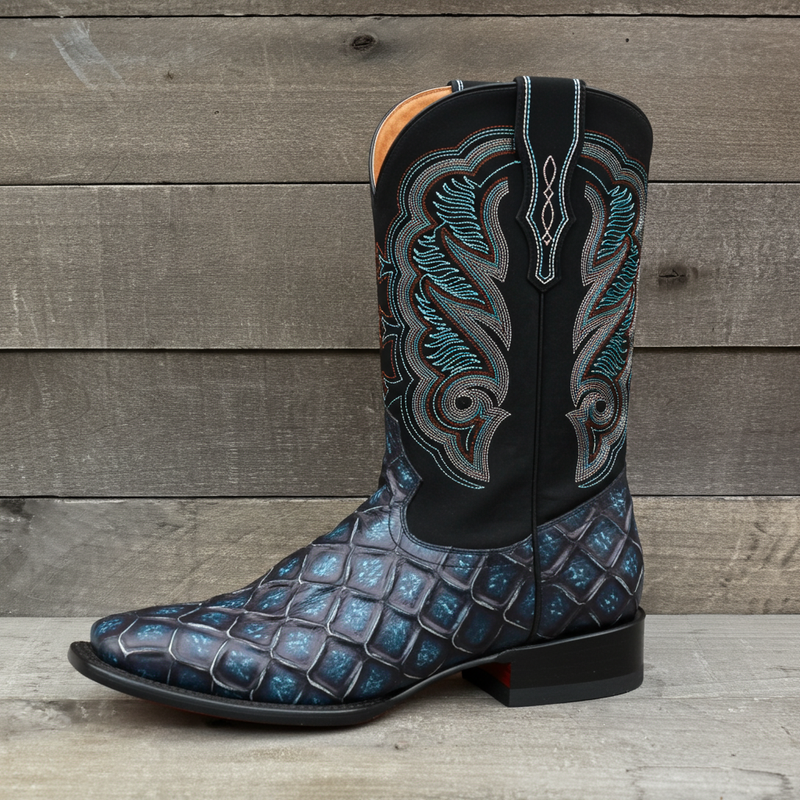 Load image into Gallery viewer, CP1707 - Cowboy Prayer Hand Crafted Blue Pirarucu Print Cowboy Boots
