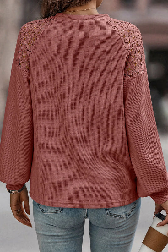 DLLS175 - Ladies Rose Pink Lace Long Sleeve Textured Pullover