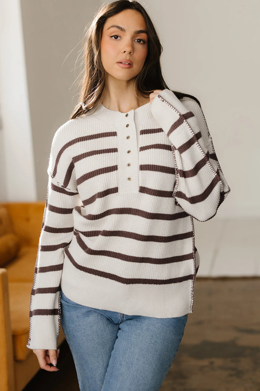 DLLS227 - Ladies Brown Stripe Ribbed Henley Drop Shoulder Slouchy Sweater