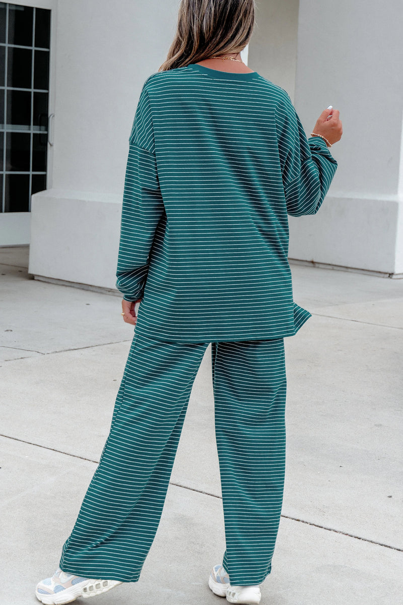 Load image into Gallery viewer, DLLS1085 - Ladies Green Stripe Long Sleeve Top Elastic Waist Pants Casual 2pcs Set
