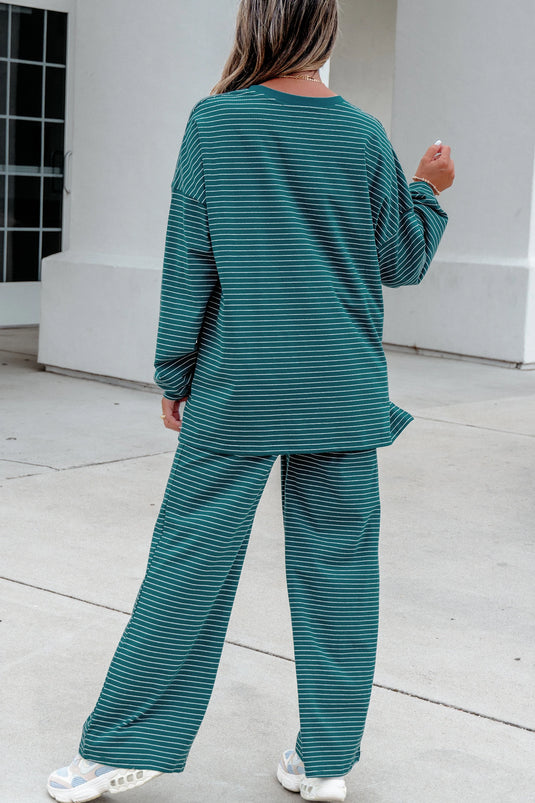 DLLS1085 - Ladies Green Stripe Long Sleeve Top Elastic Waist Pants Casual 2pcs Set