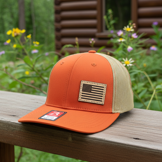 SA114 - Southern Addiction Dark Orange/Khaki FLEXFIT Light Leather American Flag Patch Cap