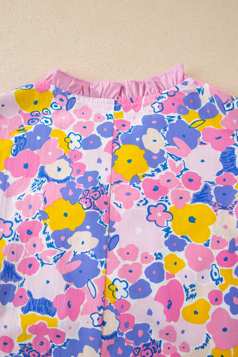 Load image into Gallery viewer, DLLS553 - Ladies Pink Floral Print Striped Color Block V Neck Flutter Sleeve Blouse
