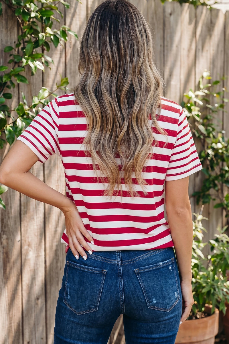 Load image into Gallery viewer, DLLS634 - Ladies Red Stripe Patchwork Round Neck T Shirt
