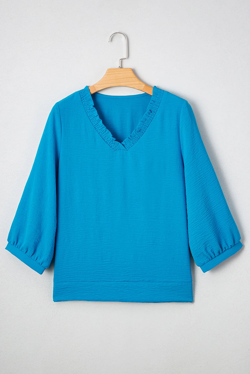 Load image into Gallery viewer, DLLS324 - Ladies Sky Blue Frilled V Neckline Bracelet Sleeve Crinkled Blouse
