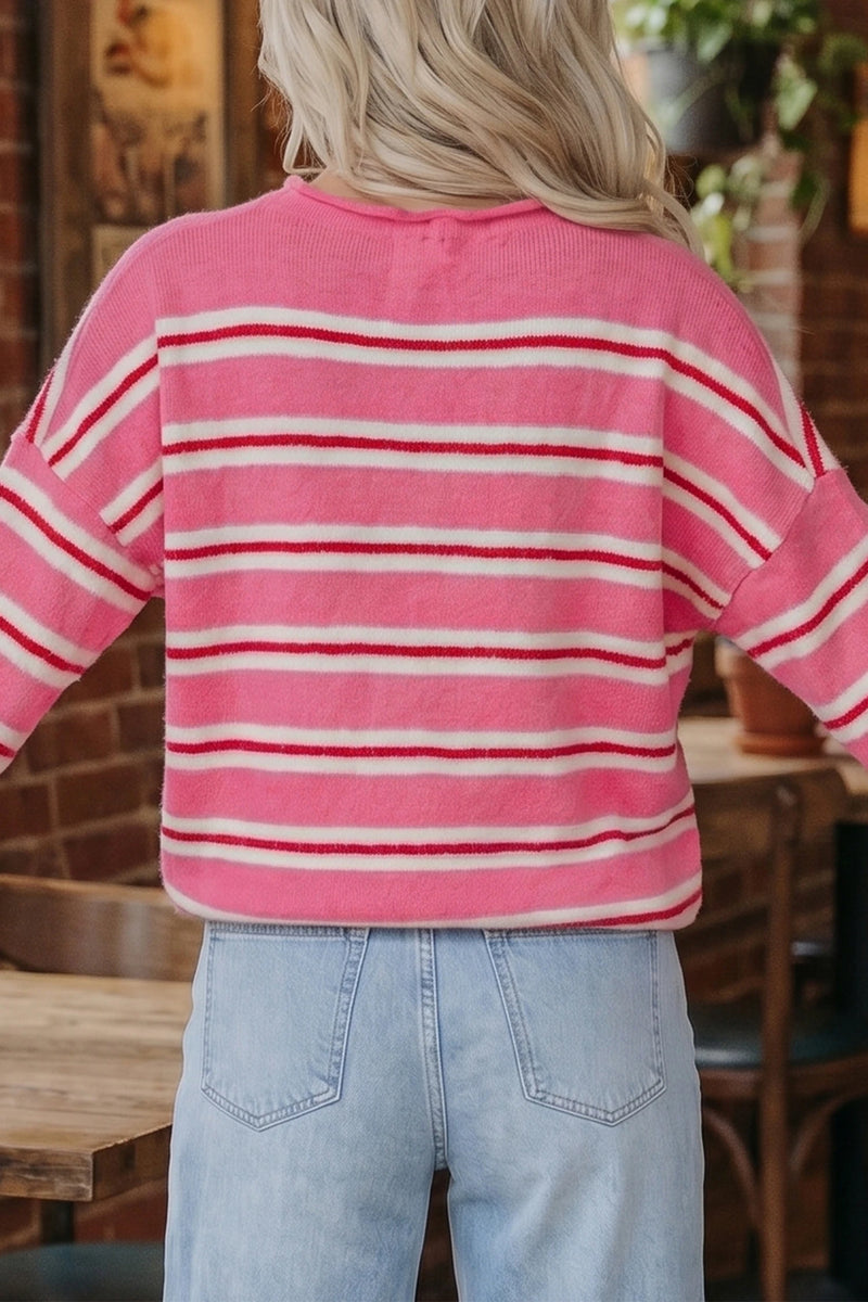 Load image into Gallery viewer, DLLS823 - Ladies Pink Stripe Striped Drop Shoulder Button Cardigan
