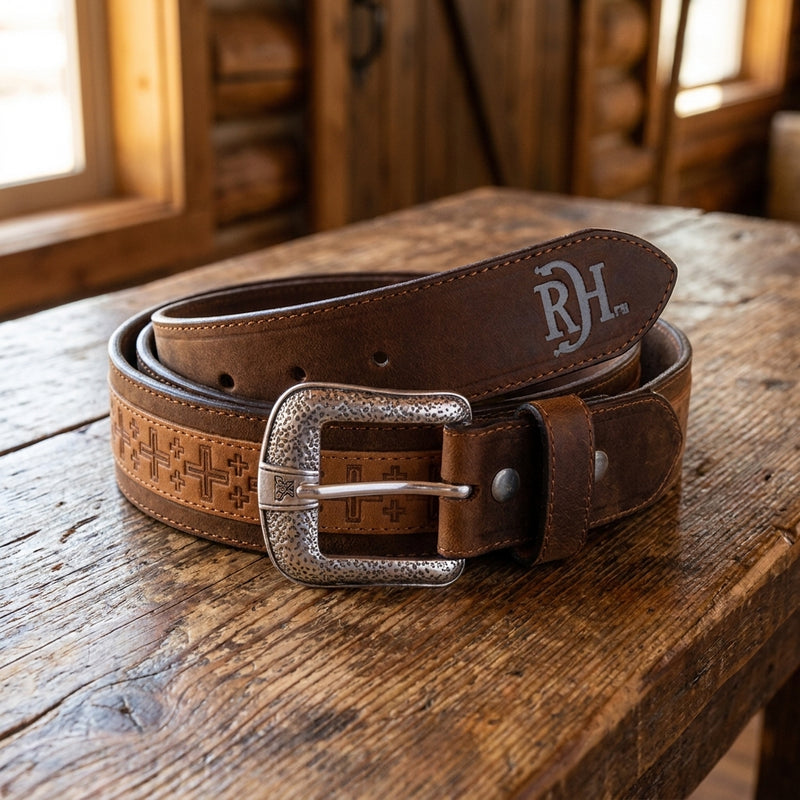 Load image into Gallery viewer, 2520670242 - Red Dirt Hat Co. Men's Genuine Leather Belt W/ Tan Square Cross
