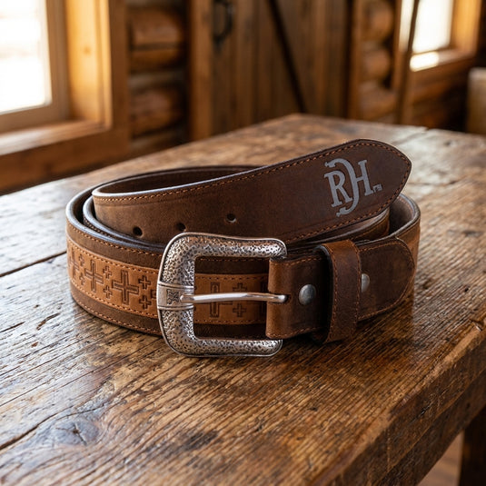 2520670242 - Red Dirt Hat Co. Men's Genuine Leather Belt W/ Tan Square Cross