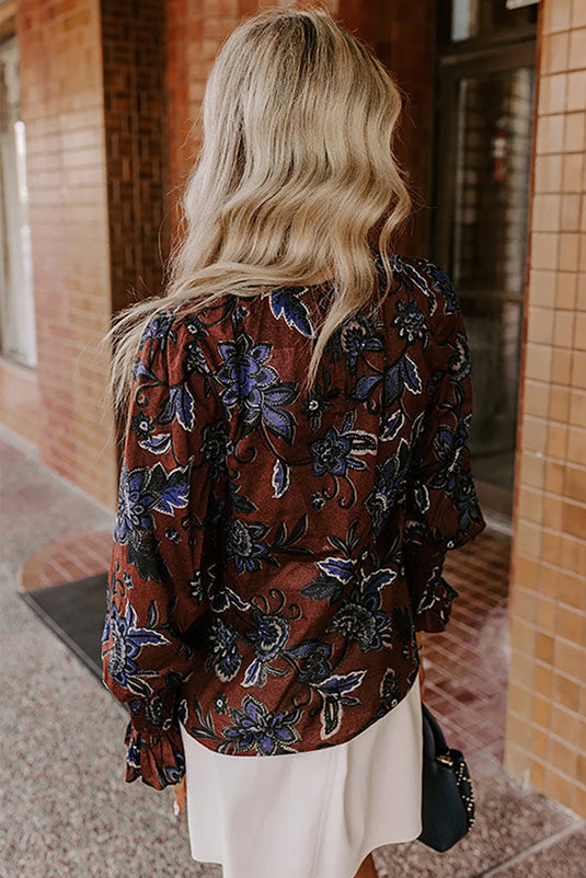 DLLS237 - Ladies Brown Autumn Floral Print Smocked Cuffs Shift Blouse