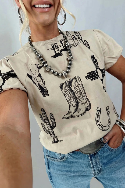 DLLS674 - Ladies Beige Retro Western Print T Shirt