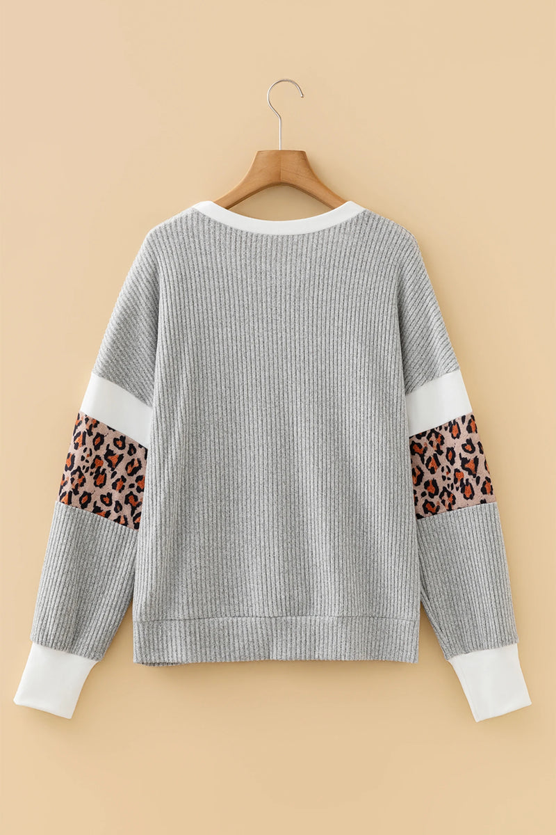 Load image into Gallery viewer, DLLS392 - Ladies Gray Leopard Print Colorblock Patchwork Ribbed Knit Top
