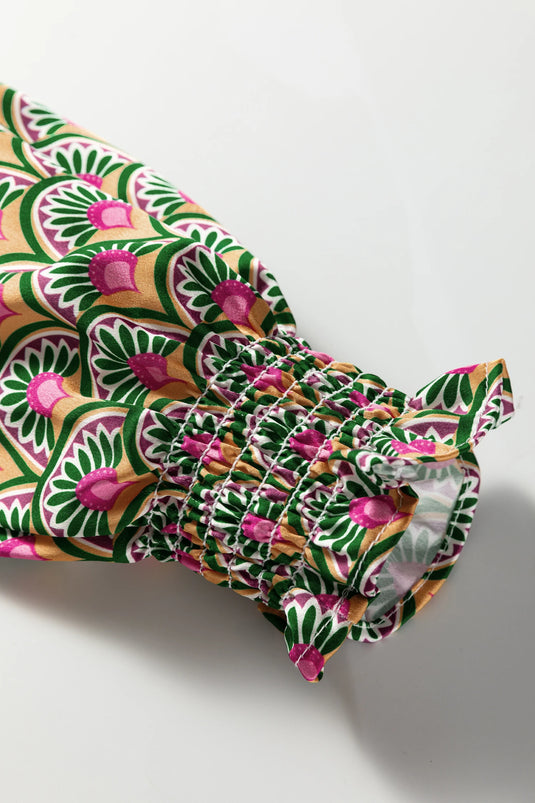 DLLS1015 - Ladies Apricot Floral Patchwork Shirred Cuff Puff Sleeve Sweater