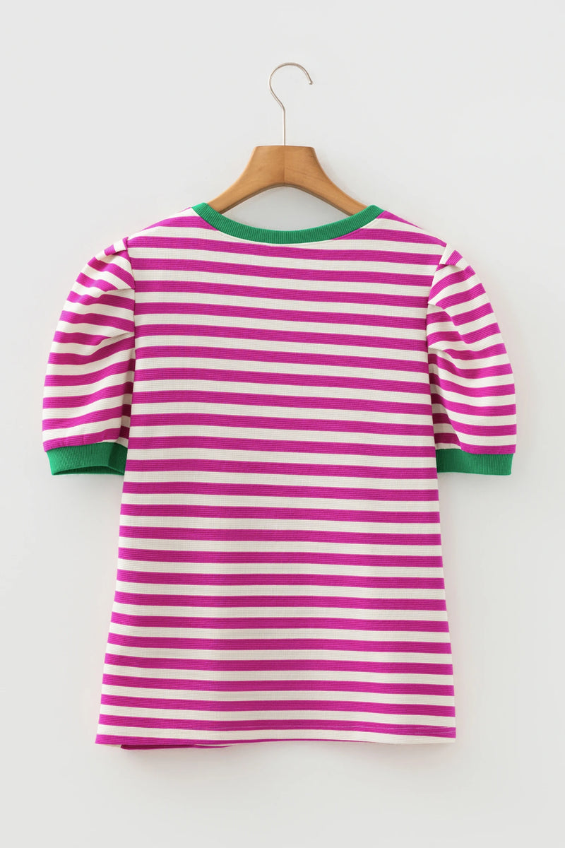 Load image into Gallery viewer, DLLS539 - Ladies Rose Stripe Short Puff Sleeve Contrast Trim Round Neck Tee
