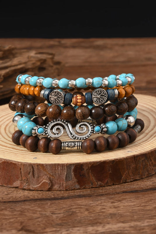 DLLBC 16 - Cinnamon Boho 5pcs Turquoise Wood Beaded Elastic Bracelet Set