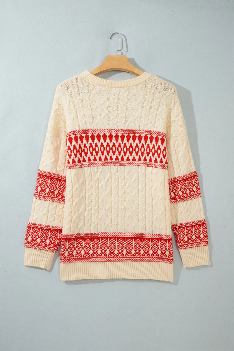 Load image into Gallery viewer, DLLS1156 - Ladies Red Western Print Round Neck Long Sleeve Shift Sweater
