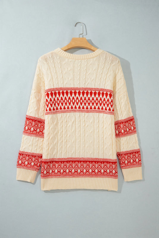 DLLS1156 - Ladies Red Western Print Round Neck Long Sleeve Shift Sweater