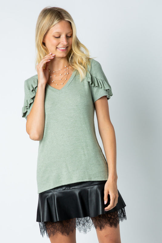 17910S  SAGE - RUFFLE SHORT SLEEVE KNIT TOP WITH KEYHOLE IN BACK