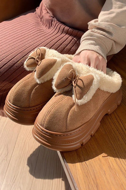 DLLSHOE 131 - Straw Yellow Cozy Faux Fur Lined Bow Decor Clog Slippers