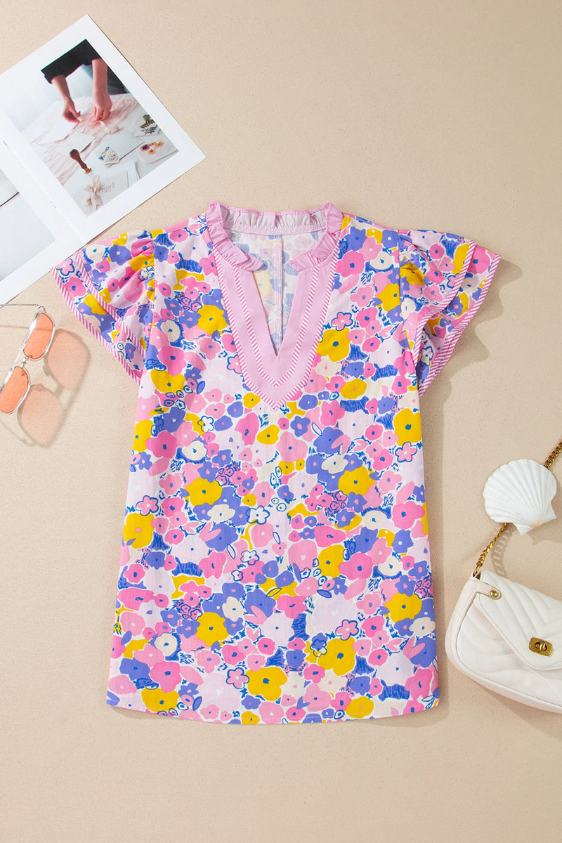 Load image into Gallery viewer, DLLS553 - Ladies Pink Floral Print Striped Color Block V Neck Flutter Sleeve Blouse

