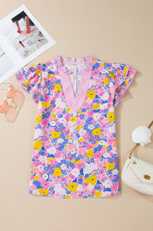 DLLS553 - Ladies Pink Floral Print Striped Color Block V Neck Flutter Sleeve Blouse