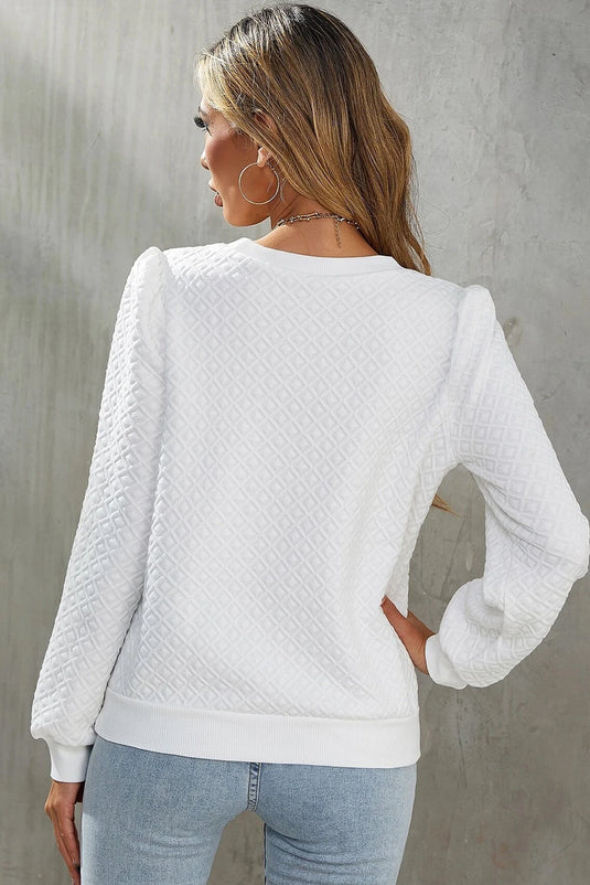 DLLS148 - Ladies White Textured Puff Long Sleeve Round Neck Top