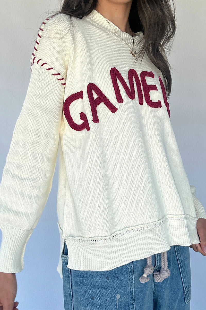Load image into Gallery viewer, DLLS655 - Ladies Beige Game Day Letter Print Round Neck Long Sleeve Casual Pullover Sweater
