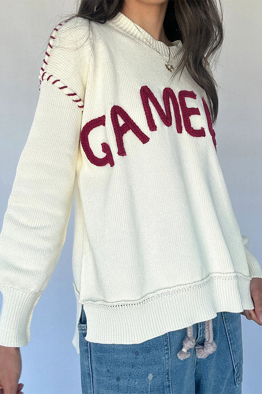 DLLS655 - Ladies Beige Game Day Letter Print Round Neck Long Sleeve Casual Pullover Sweater