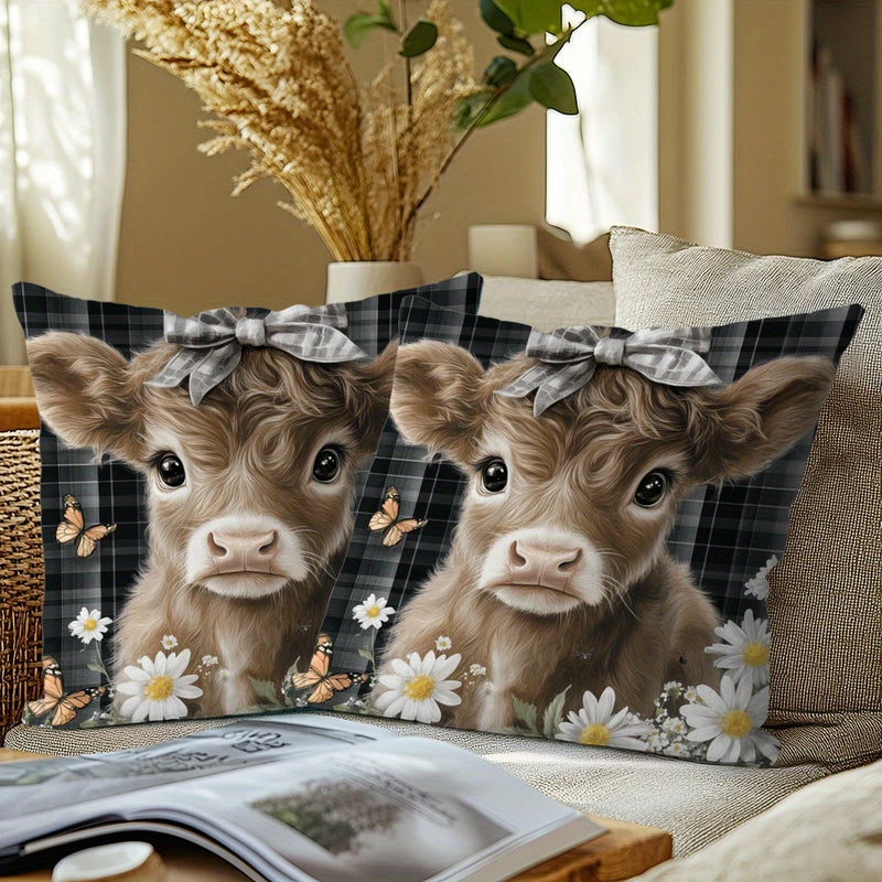 Load image into Gallery viewer, TMPL66 - Set of 2 - 18&quot; x 18&quot; Plaid Daisy Cow Throw Pillows
