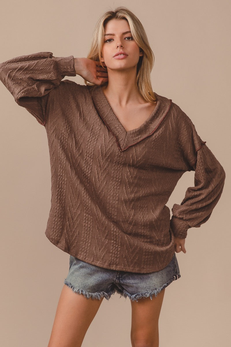 Load image into Gallery viewer, BIBI17- Ladies Corded Sweater With Out Stitching Detailed V Neck
