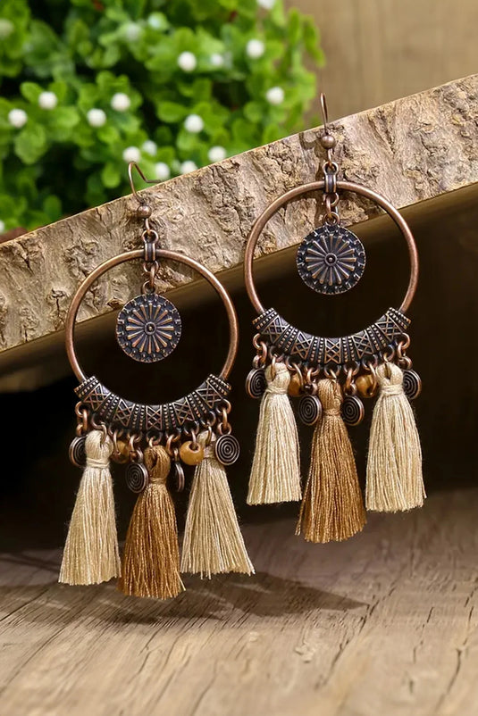 DLLER 9 - Beige Boho Round Tasseled Dangle Earrings