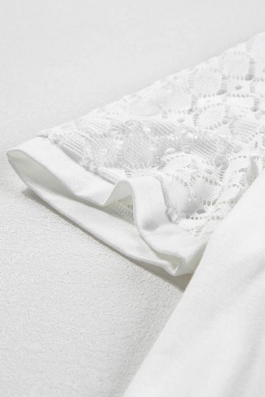 DLLS502 - Ladies White Seamed Detail Contrast Lace Raglan Sleeve Tee