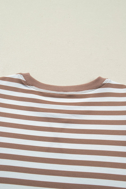DLLS548 - Ladies Khaki Stripe Short Bubble Sleeve T Shirt