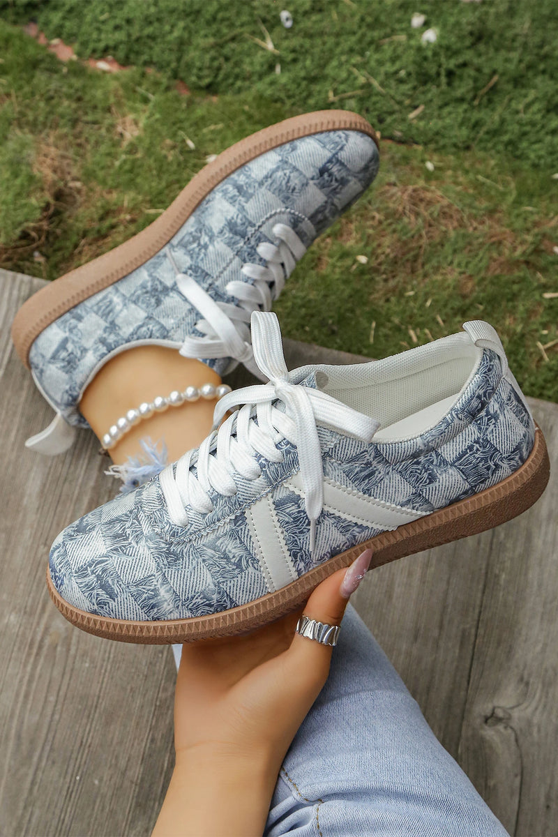 Load image into Gallery viewer, DLLSHOE 104 - Ashleigh Blue Stylish Denim Checkered Print Lace Up Flat Shoes
