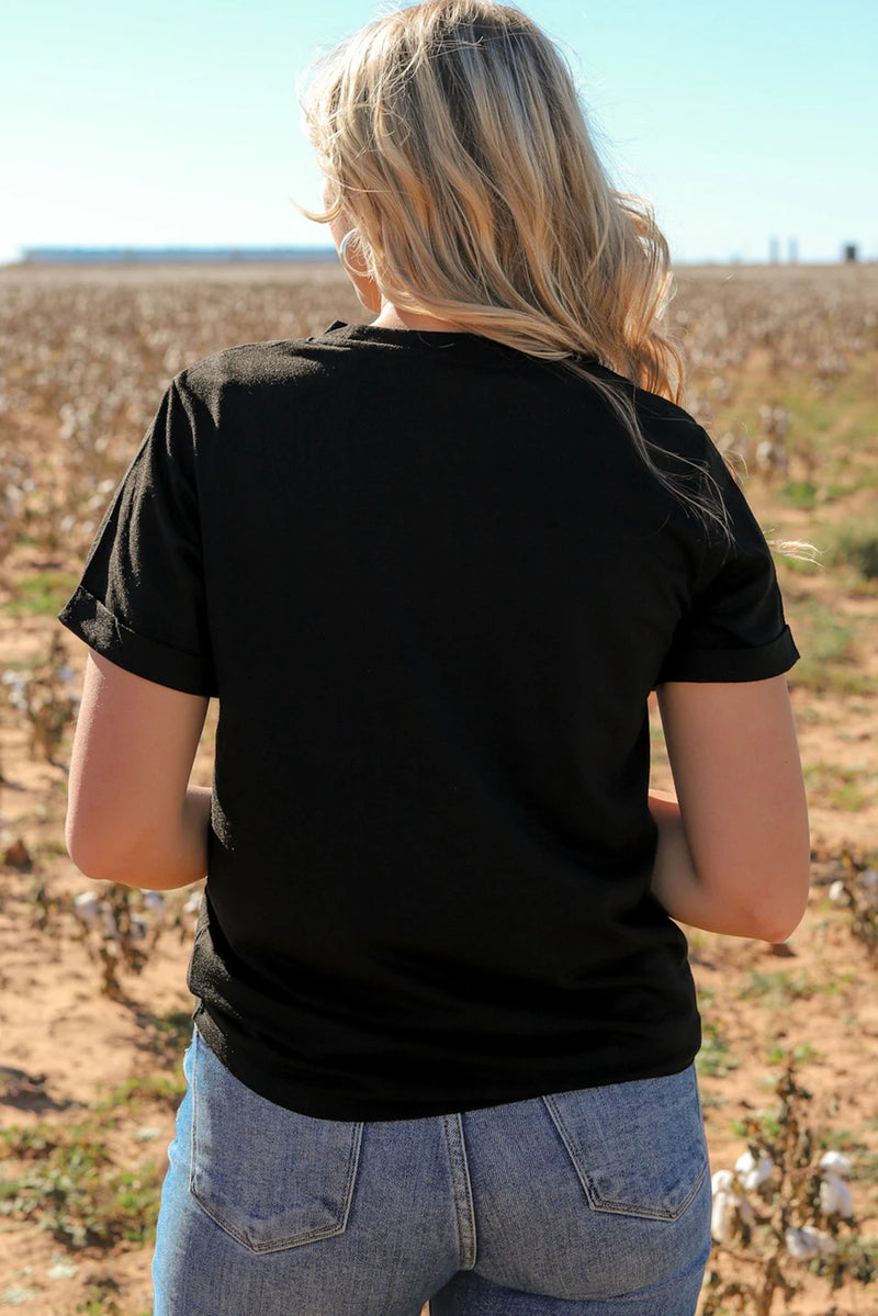 Load image into Gallery viewer, DLLS746 - Ladies Black Animal Print Cross Graphic Tee
