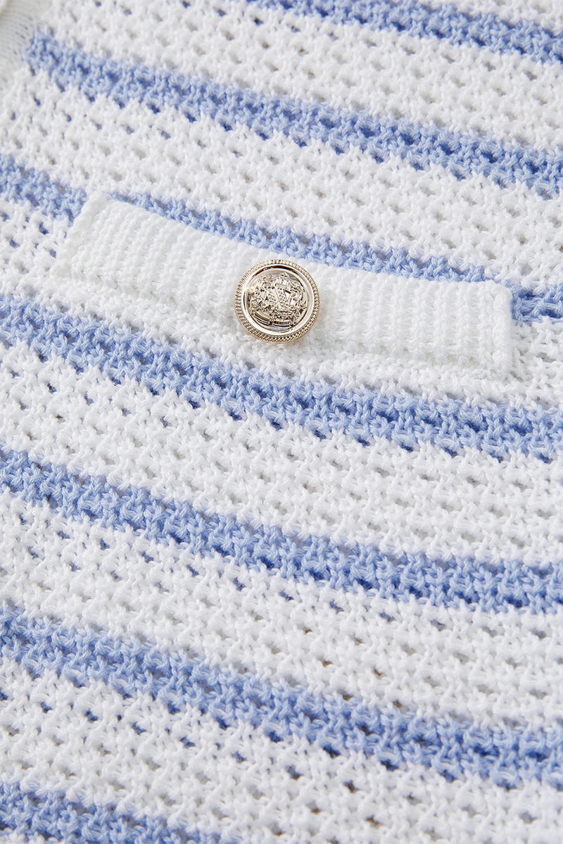 Load image into Gallery viewer, DLLS459 - Ladies Sky Blue Stripe V Neck Gold Buttons Elegant Sweater Vest
