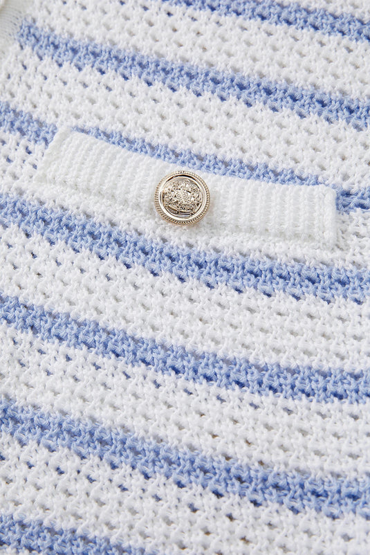 DLLS459 - Ladies Sky Blue Stripe V Neck Gold Buttons Elegant Sweater Vest