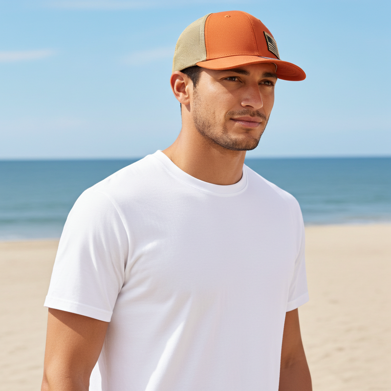 Load image into Gallery viewer, SA114 - Southern Addiction Dark Orange/Khaki FLEXFIT Light Leather American Flag Patch Cap
