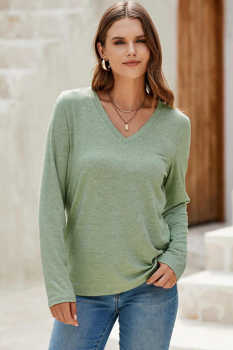 Load image into Gallery viewer, DLLS411 - Ladies Grass Green Solid Color V Neck Long Sleeve Stretchy Top

