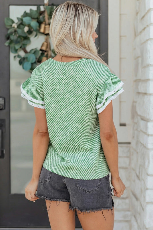 DLLS700 - Ladies Clearly Aqua Twilled Print Lace Trim Ruffled Short Sleeve Blouse