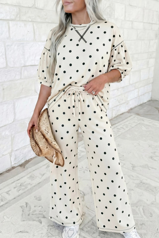 DLLS897 - Ladies Beige Polka Dot Half Sleeve Loose Top Elastic Waist Casual Pants Set