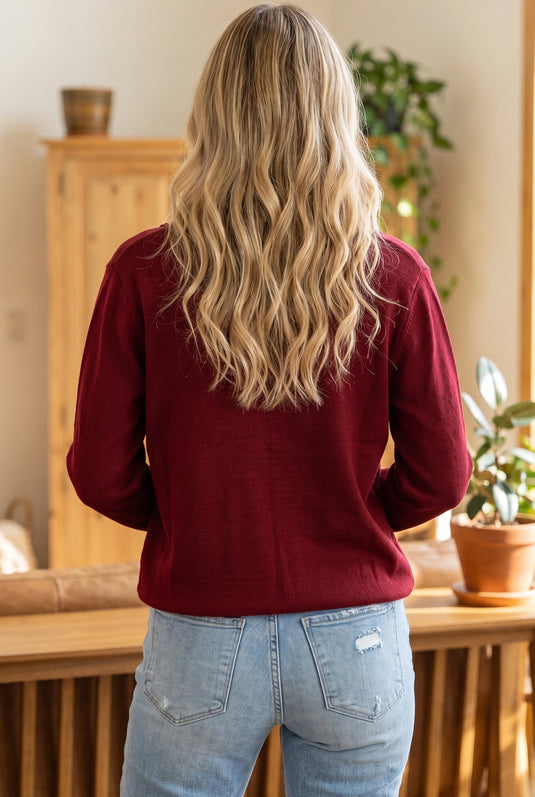 DLLS1009 - Ladies Burgundy Bow Pocket Collar Long Sleeve Knit Cardigan