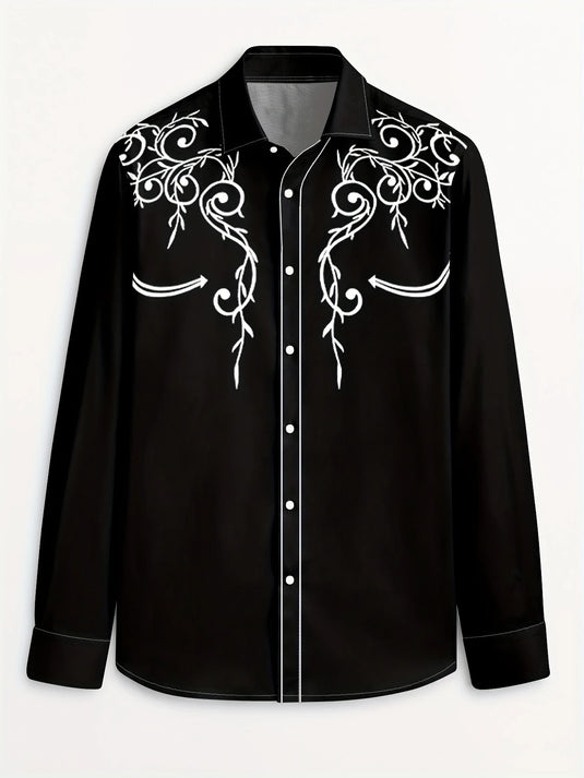 TMWST20 - Men's Black Western Print Shirt w/White Printing