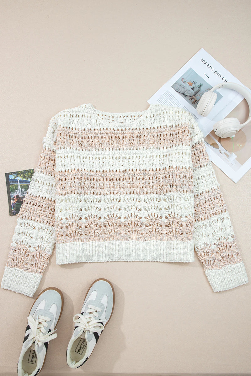 Load image into Gallery viewer, DLLS193 - Ladies Pink Hollow-out Colorblock Drop Shoulder Casual Sweater

