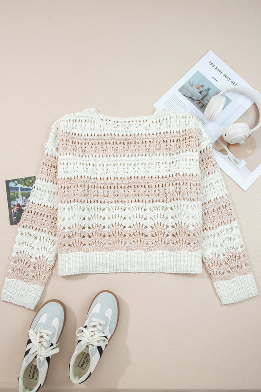DLLS193 - Ladies Pink Hollow-out Colorblock Drop Shoulder Casual Sweater