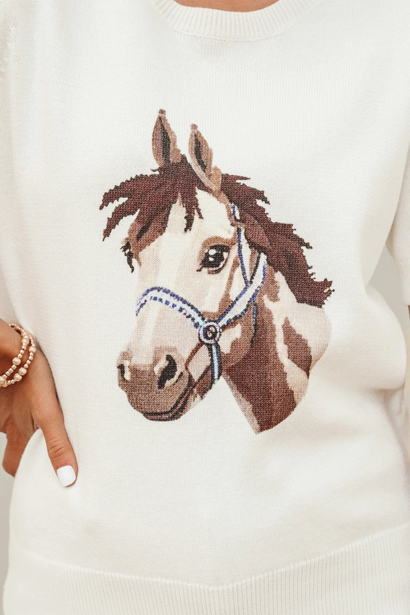 Load image into Gallery viewer, DLLS935 - Ladies White Wild West Horse Head Printed Short Sleeve Sweater
